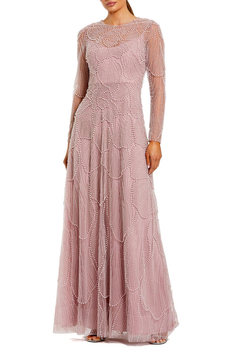 Mac Duggal Beaded Mesh High Neck Long Sleeve A Line Gown, Main, color, Mocha