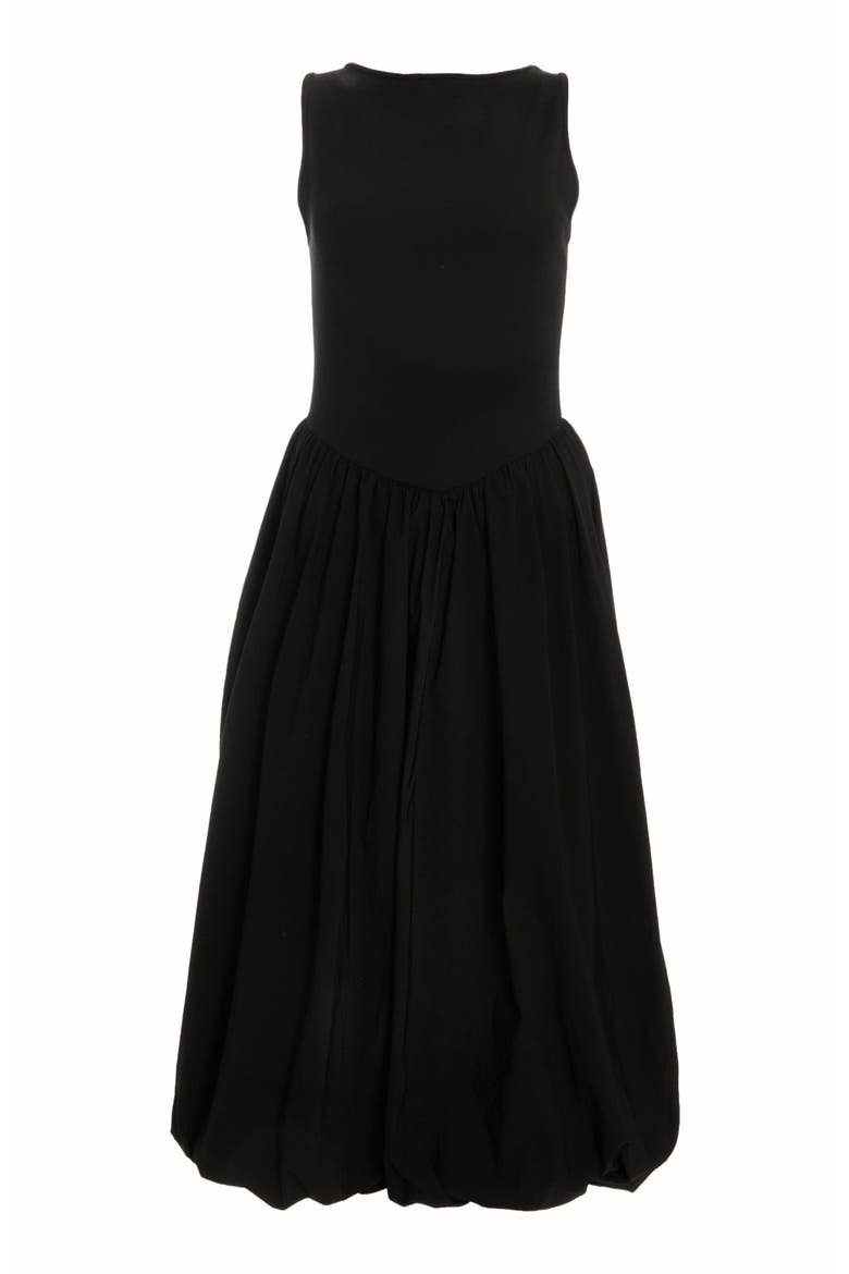 Jersey and Bengaline Puffball Midi Dress, Alternate, color, Black