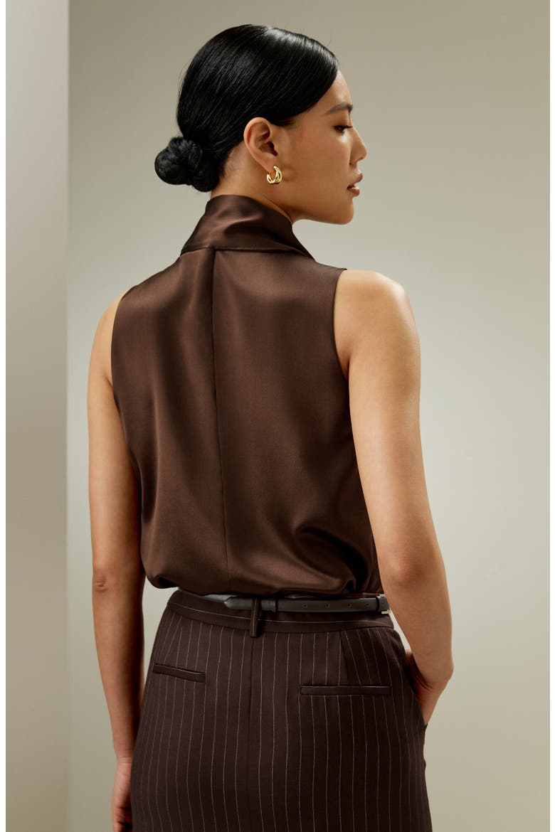Women's Sleeveless Tie-Neck Silk Blouse, Alternate, color, Chocolate