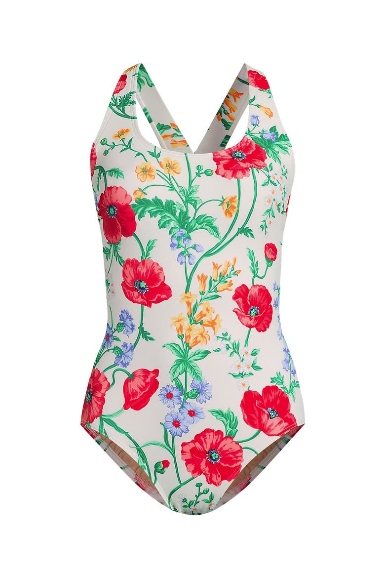 Chlorine Resistant Scoop Neck X-Back One Piece Swimsuit, Alternate, color, Egret/Poppy Floral
