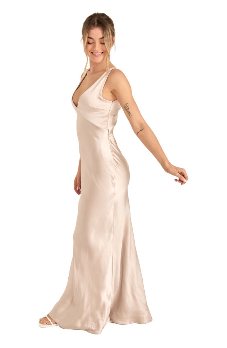 Six Stories Twist Back Satin Bridesmaid Dress, Alternate, color, Oyster
