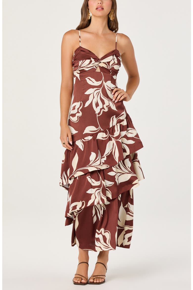 Cassia Floral Tiered Midi Dress, Alternate, color, BROWN FLORAL