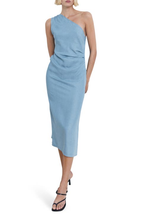 Pleated One-Shoulder Chambray Dress