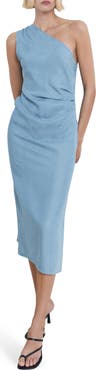 MANGO Pleated One-Shoulder Chambray Dress