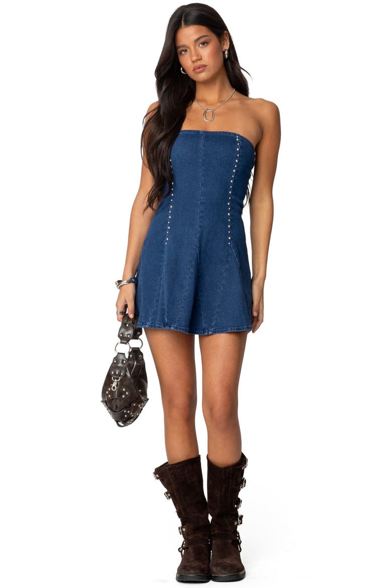 Fara Studded Strapless Godet Denim Minidress, Alternate, color, BLUE