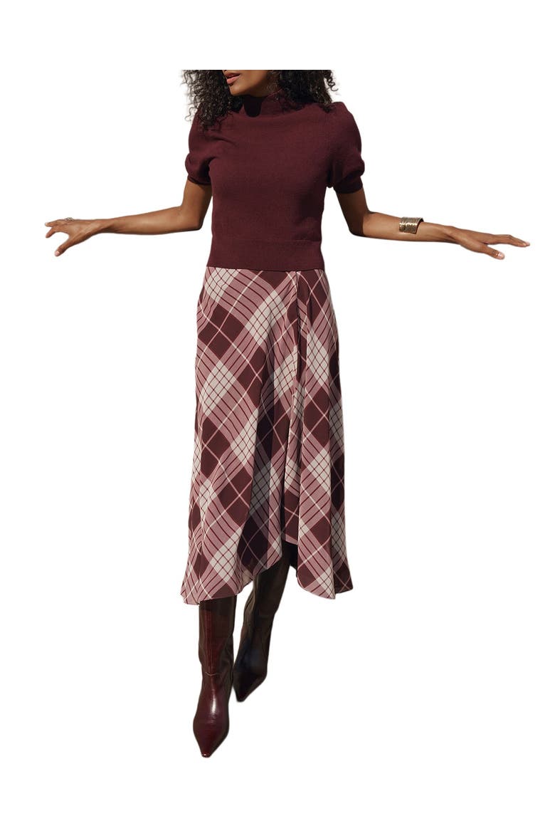 Checked Layered Midi Dress, Main, color, Burgundy
