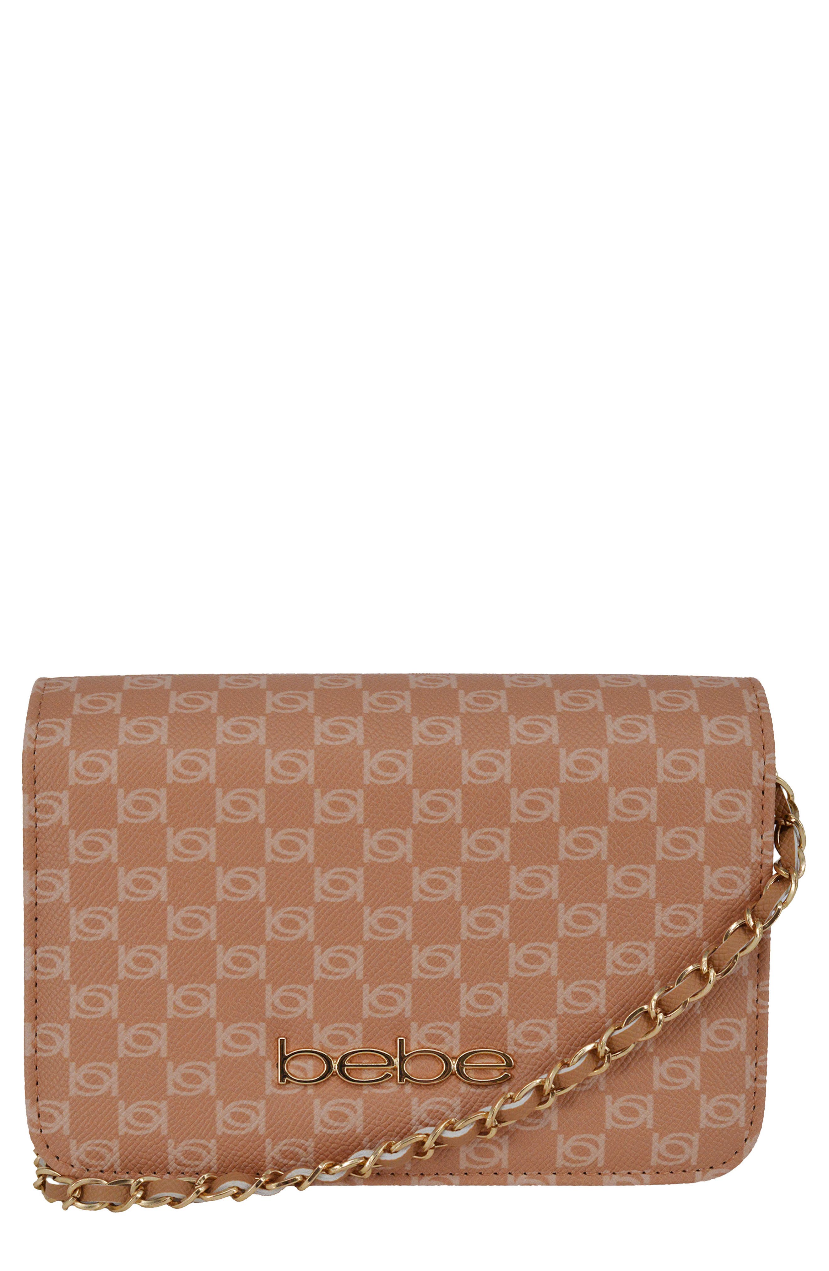 bebe Adela Monogram Crossbody Bag, Main, color, Camel