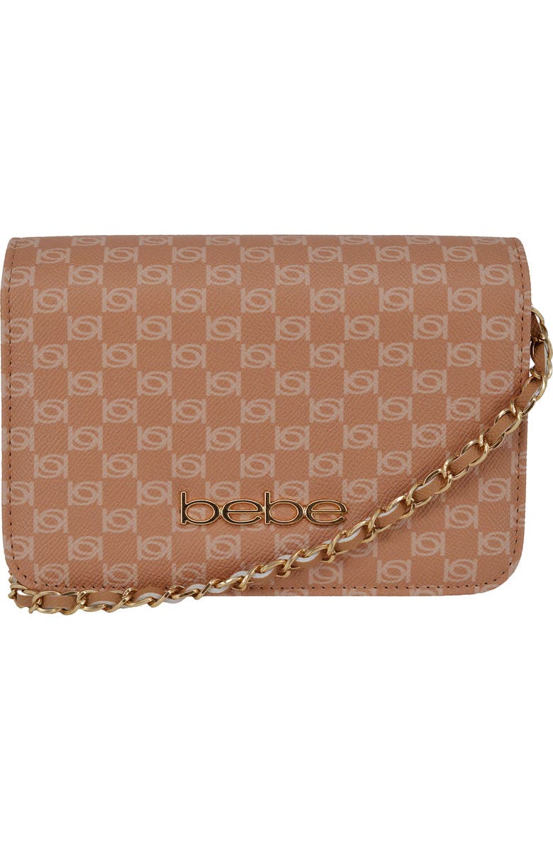 bebe Adela Monogram Crossbody Bag, Main, color, Camel