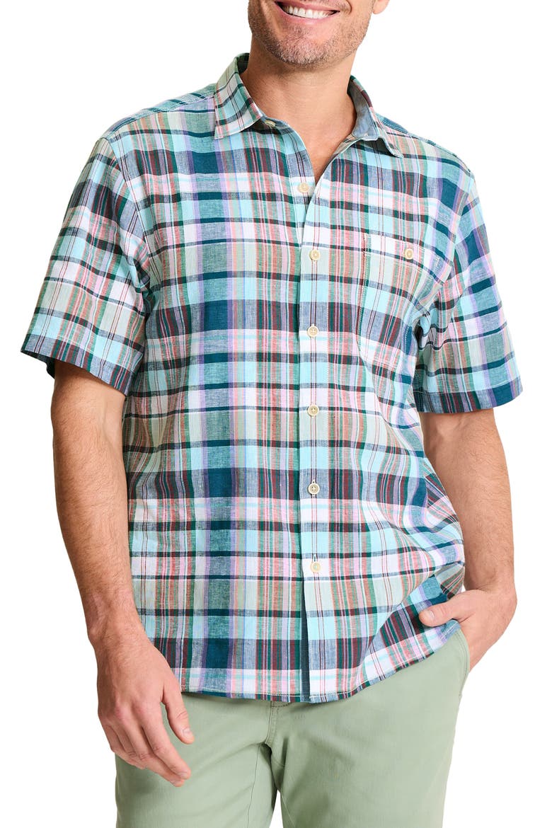 Barbados Breeze Tavira Check Short Sleeve Stretch Linen Blend Button-Up Shirt, Main, color, ROCOCO BLUE