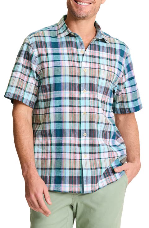 Barbados Breeze Tavira Check Short Sleeve Stretch Linen Blend Button-Up Shirt