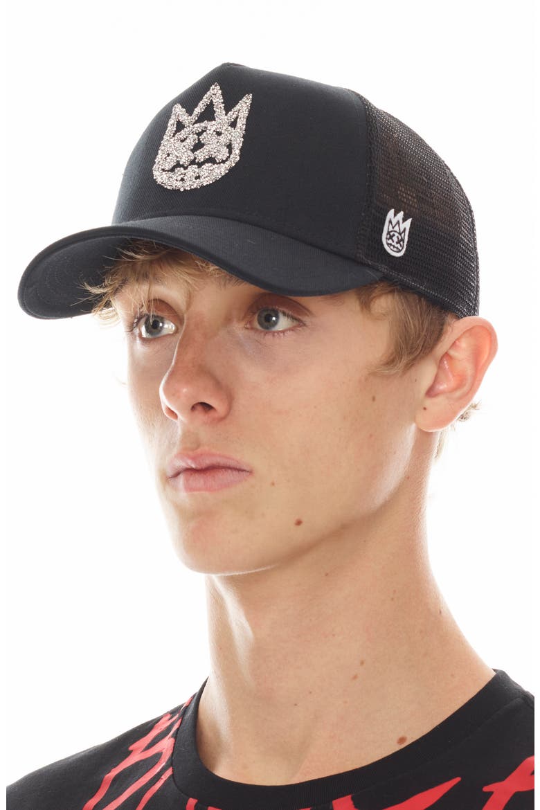 Clean Crystal Embellished Logo Trucker Hat, Alternate, color, BLACK