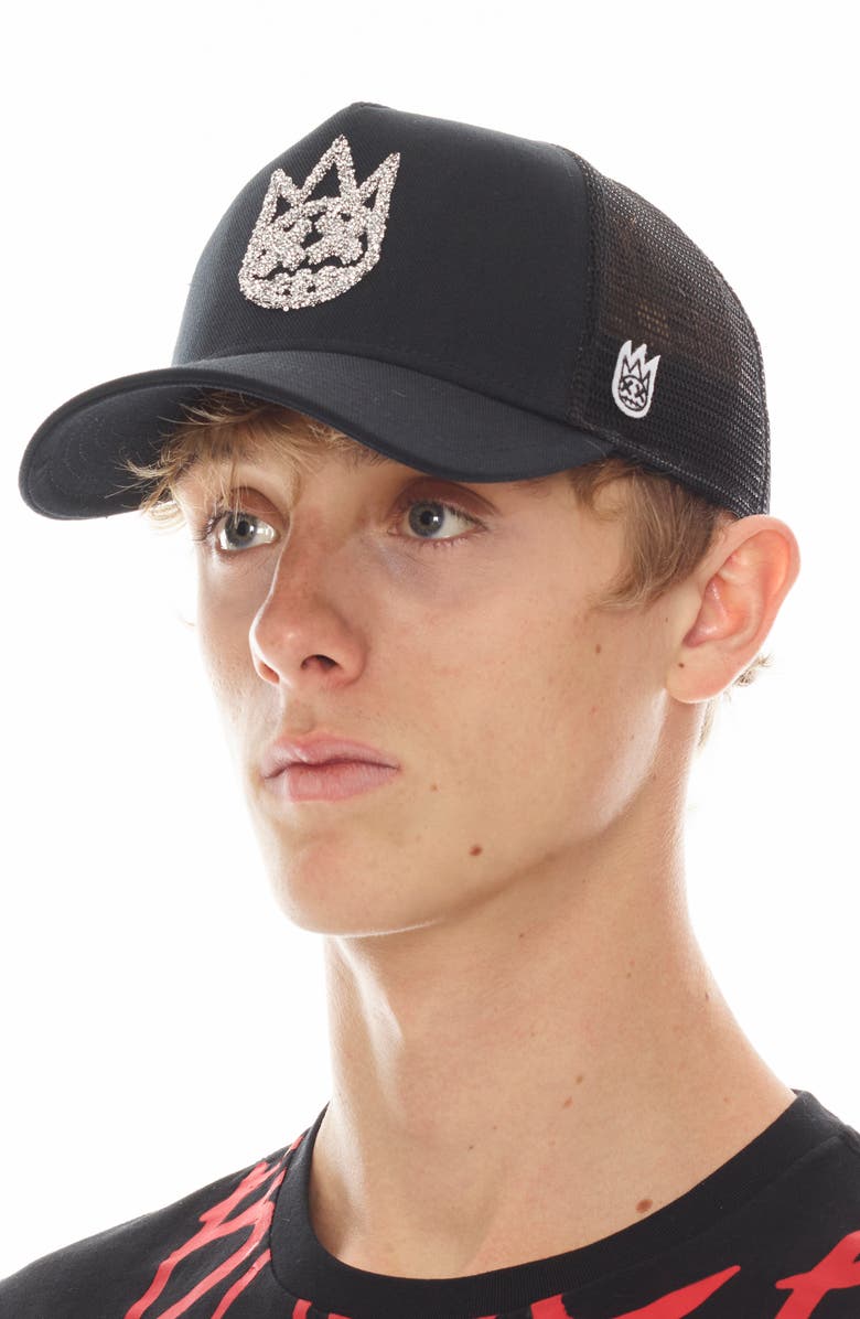 Cult of Individuality Clean Crystal Embellished Logo Trucker Hat, Alternate, color, Black