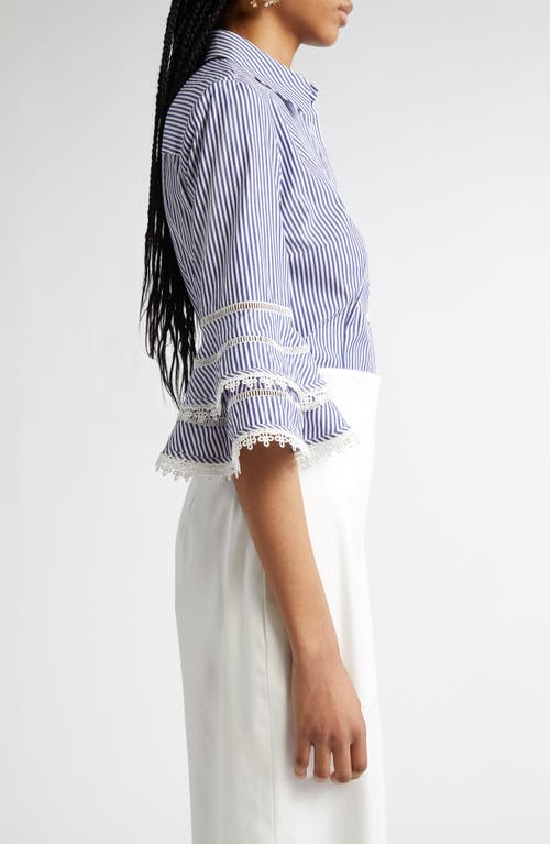 Shop Carolina Herrera Stripe Tiered Ruffle Sleeve Belted Poplin Shirtdress In White/blue