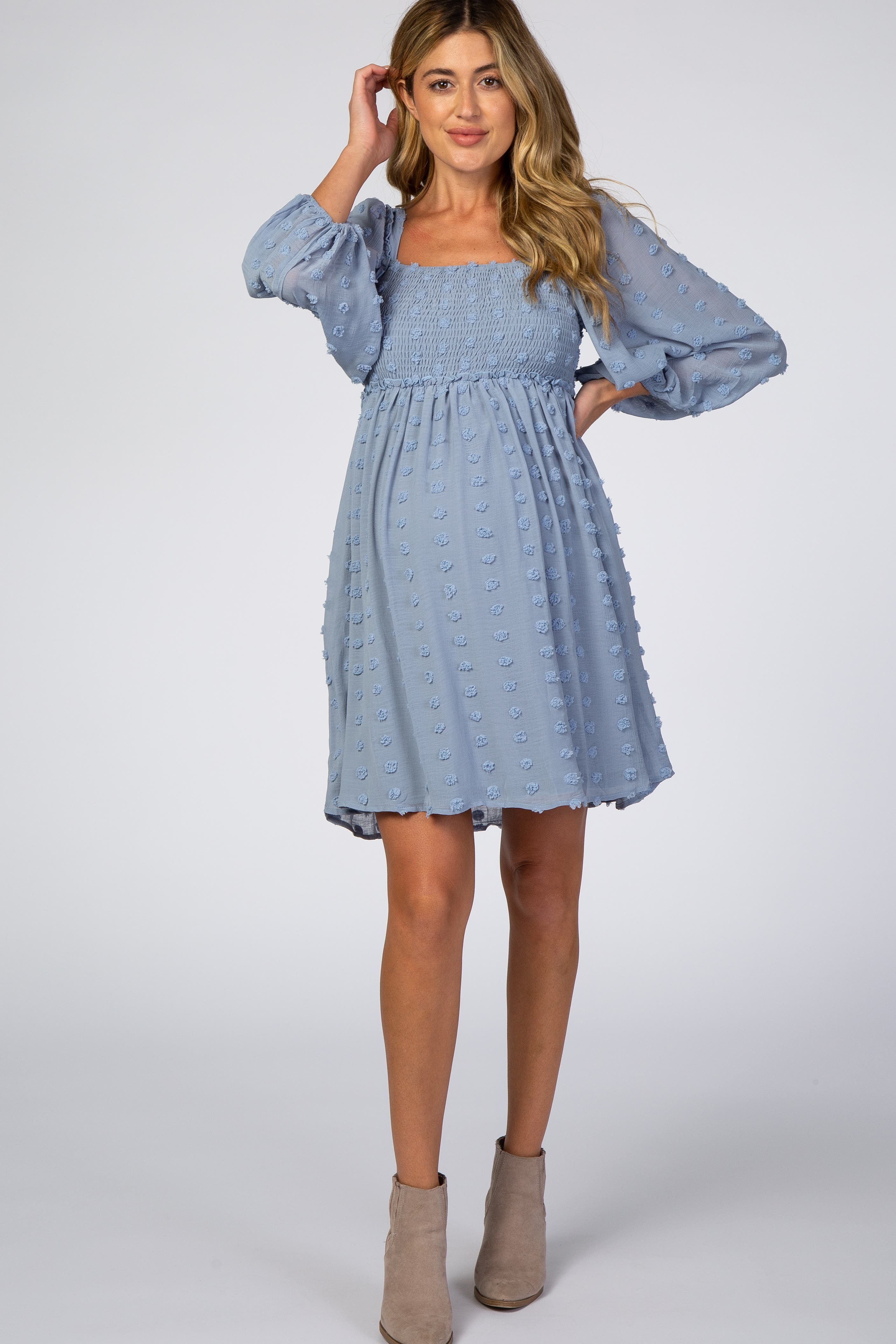 Pinkblush Textured Dot Smocked Square Neck Chiffon Dress In Blue