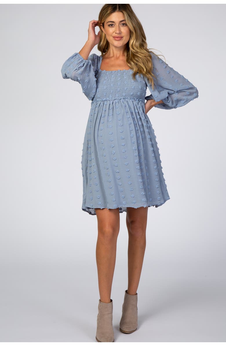 PinkBlush Textured Dot Smocked Square Neck Chiffon Dress, Main, color, Light Blue