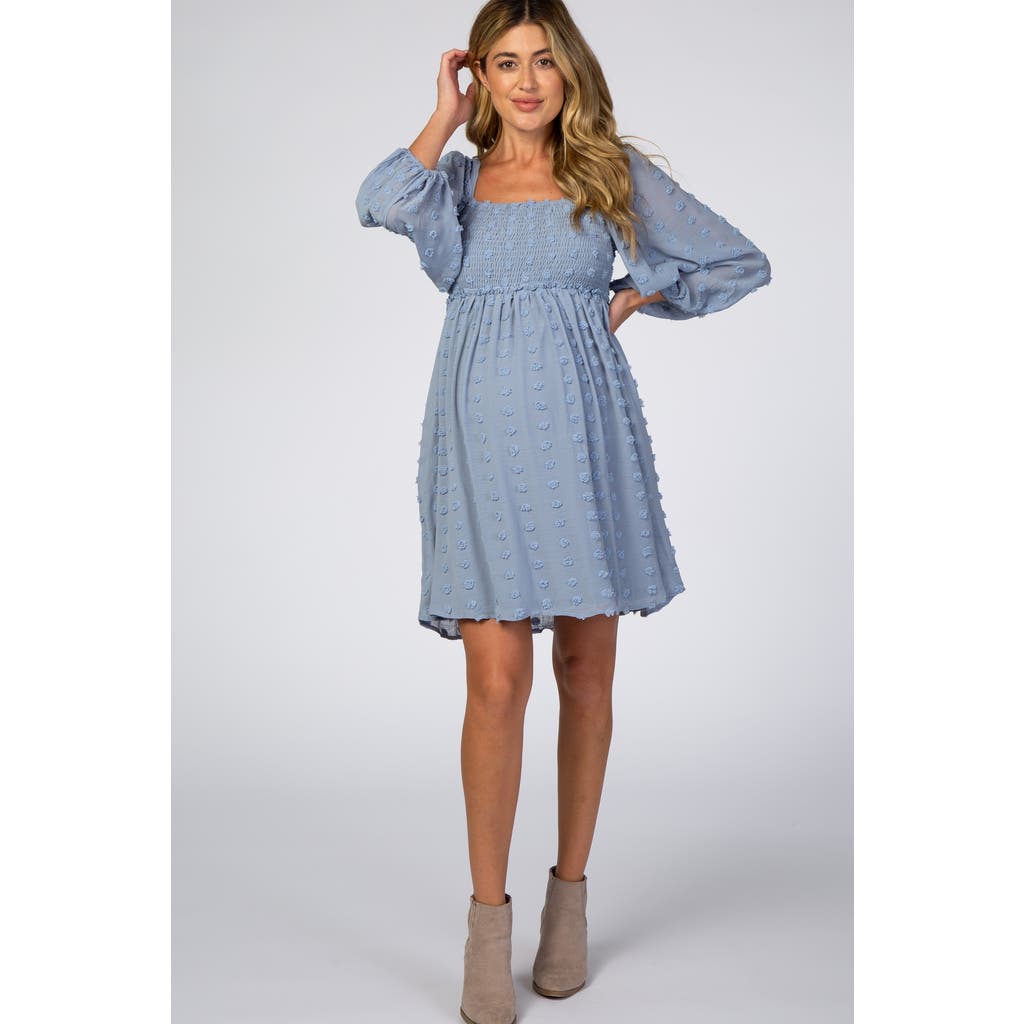 Pinkblush Textured Dot Smocked Square Neck Chiffon Dress In Blue