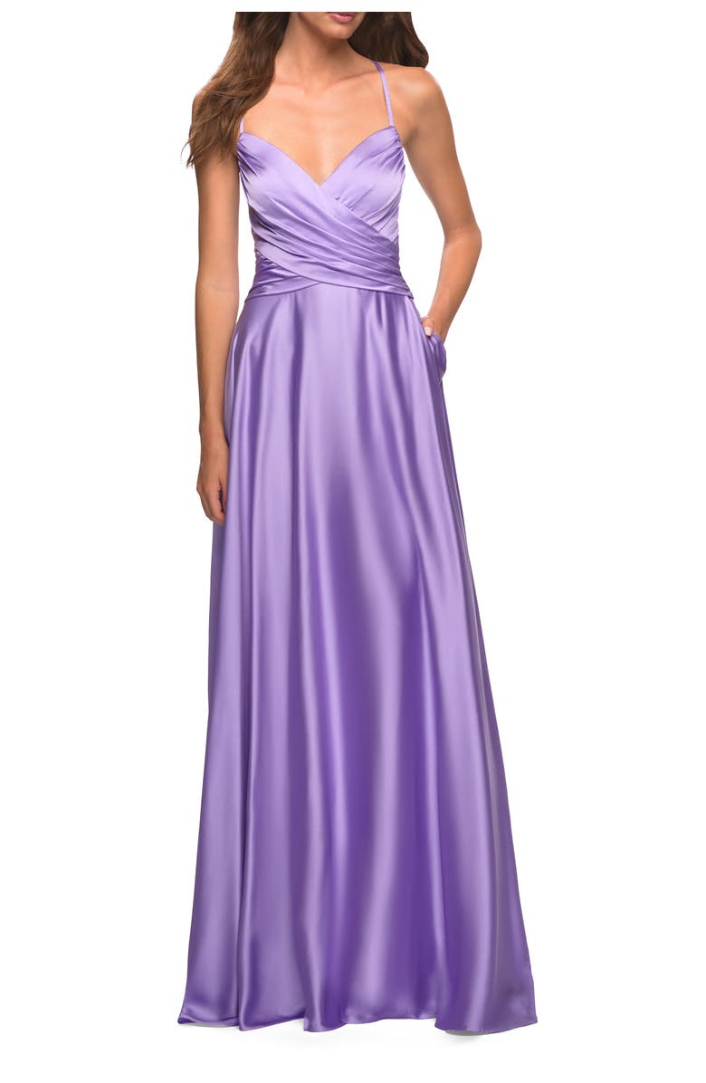 La Femme Bright Satin Gown with Criss-Cross Ruched Top, Alternate, color, Lavender