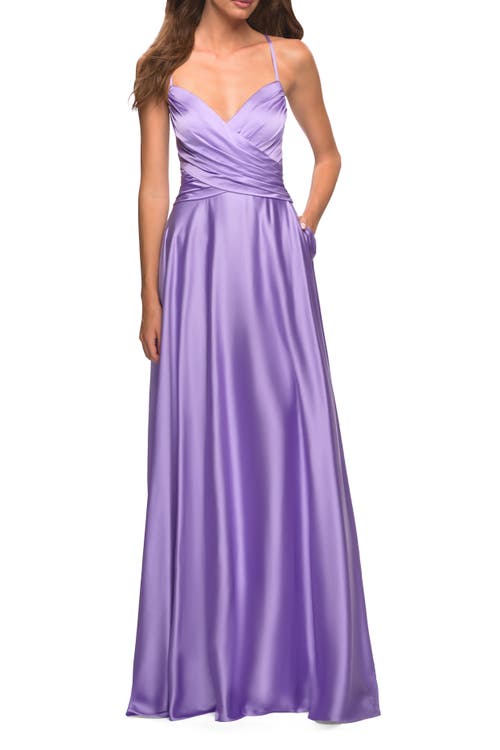 La Femme Bright Satin Gown With Criss-cross Ruched Top