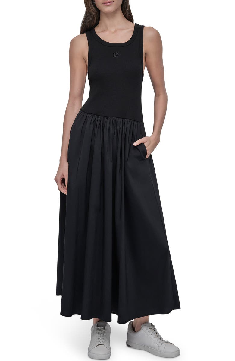 DKNY Jeans Mixed Media Maxi Dress, Main, color, Black