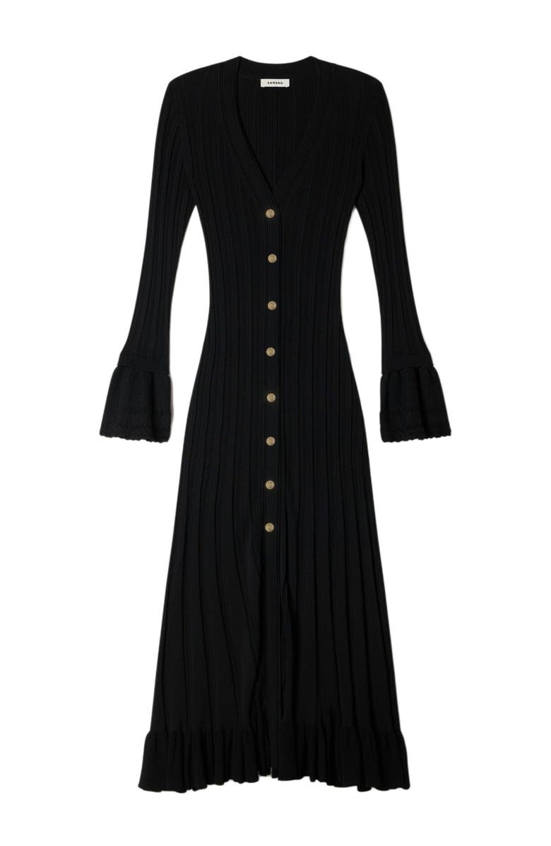 SANDRO Knit maxi dress with ruffle, Alternate, color, Black