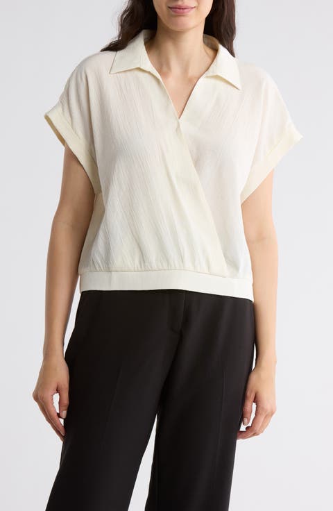 Short Sleeve Faux Wrap Textured Satin Top