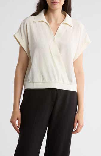 Pleione Short Sleeve Faux Wrap Textured Satin Top