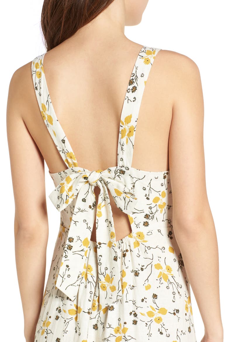 Floral Print Tie Back Midi Dress, Alternate, color, IVORY EGRET REDUX FLORAL