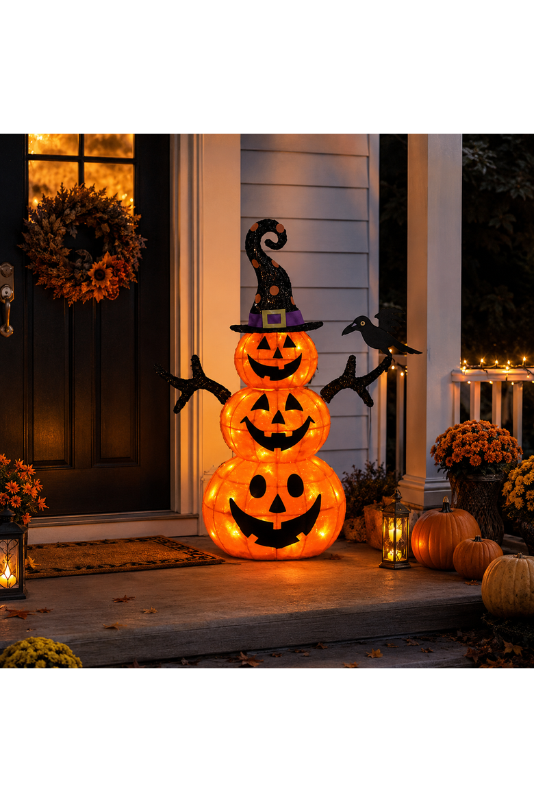 Stack of 3 Jack-o-Lantern Pumpkins with Witch Hat Halloween Light Up Decoration, Alternate, color, White