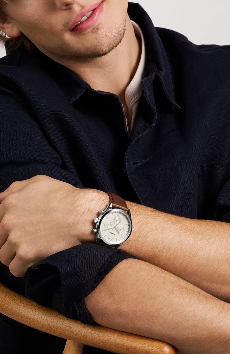 Fossil Fenmore Multifunction Leather Strap Watch, 44mm, Alternate, color, Silver