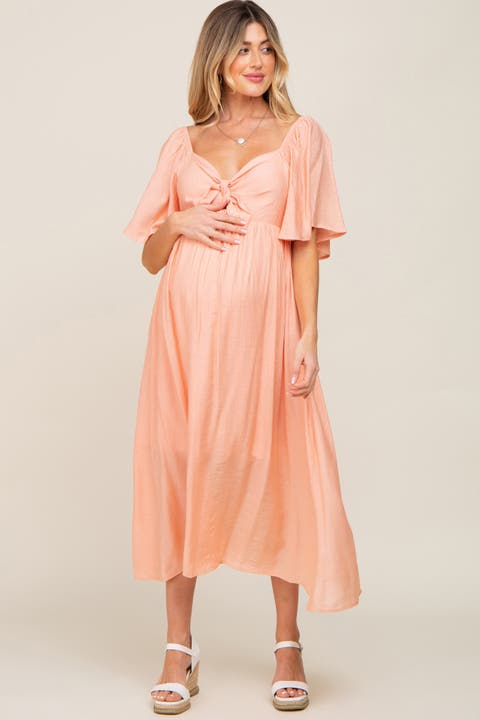 Front Tie Ruffle Sleeve Midi Dress