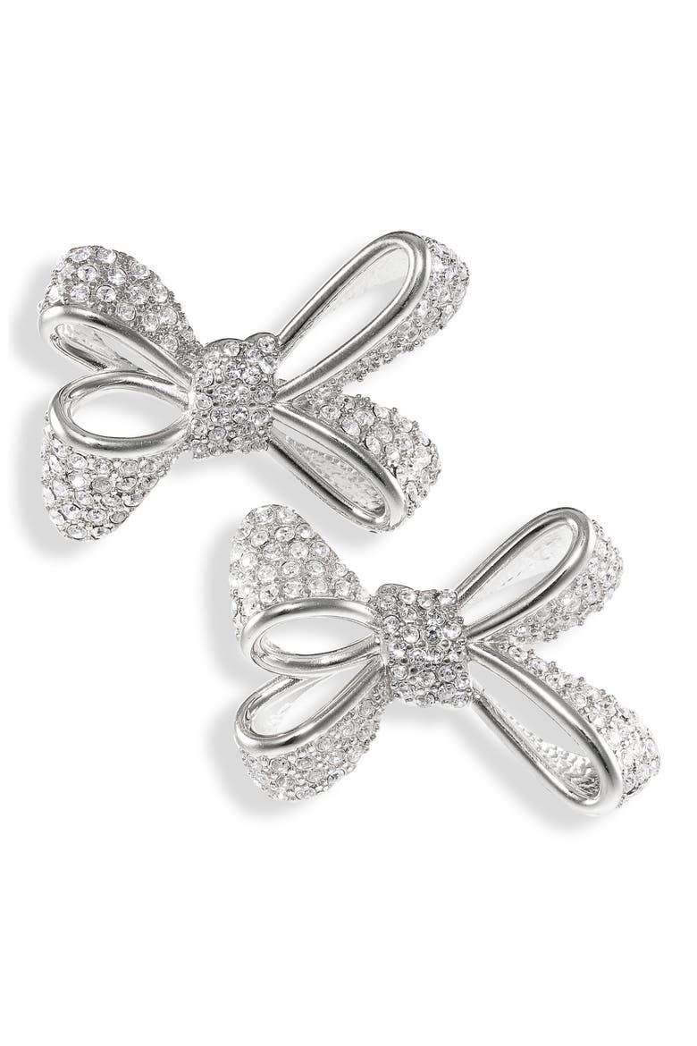 Small Pavé Crystal Bow Earrings, Main, color, SILVER