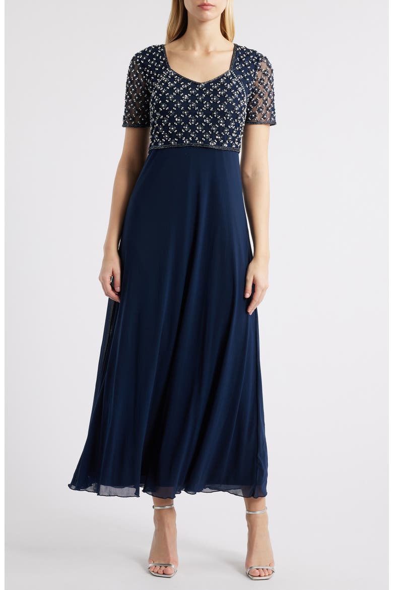 Faux Pearl Bodice Gown, Main, color, NAVY 410