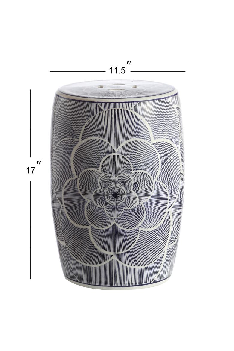 Camellia Traditional Floral Chinoiserie Ceramic Drum Garden Stool, Pierced Indoor/Outdoor Patio Seat & Side Table, Alternate, color, Blue