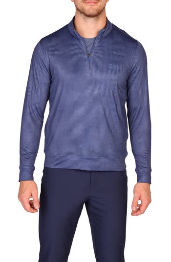 Tailorbyrd Mini Houndstooth Print Long Sleeve Performance Quarter Zip Polo In Blue