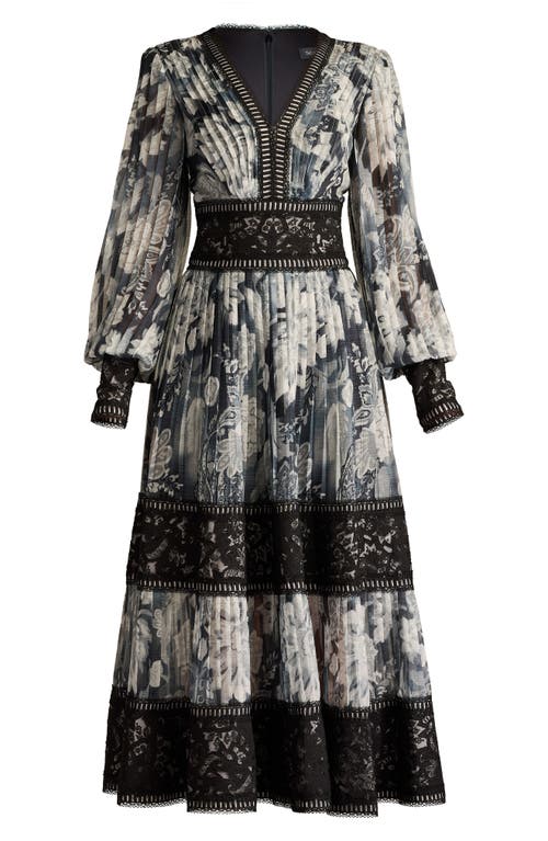 Tadashi Shoji Floral Lace Detail Metallic Thread Long Sleeve Cocktail Midi Dress In Ivory/black