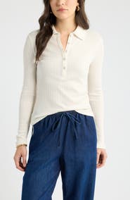 Caslon® Long Sleeve Rib Polo Top