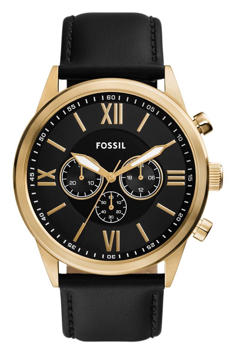 Flynn Leather Strap Chronograph Watch, 48mm, Main, color, BLACK/ GOLD