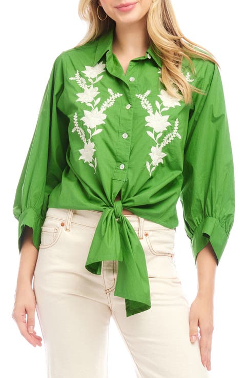 Embroidered Tie Front Cotton Shirt