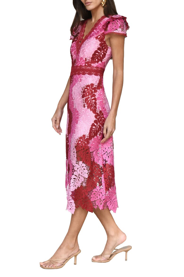 Adeline Palm Lace Midi Dress, Alternate, color, RED/ PINK