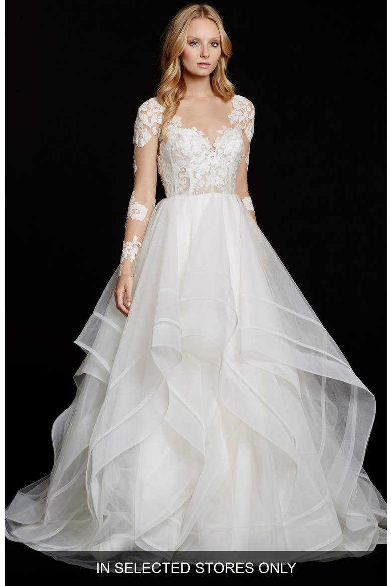 Elysia Long Sleeve Lace & Tulle Ballgown, Alternate, color, IVORY