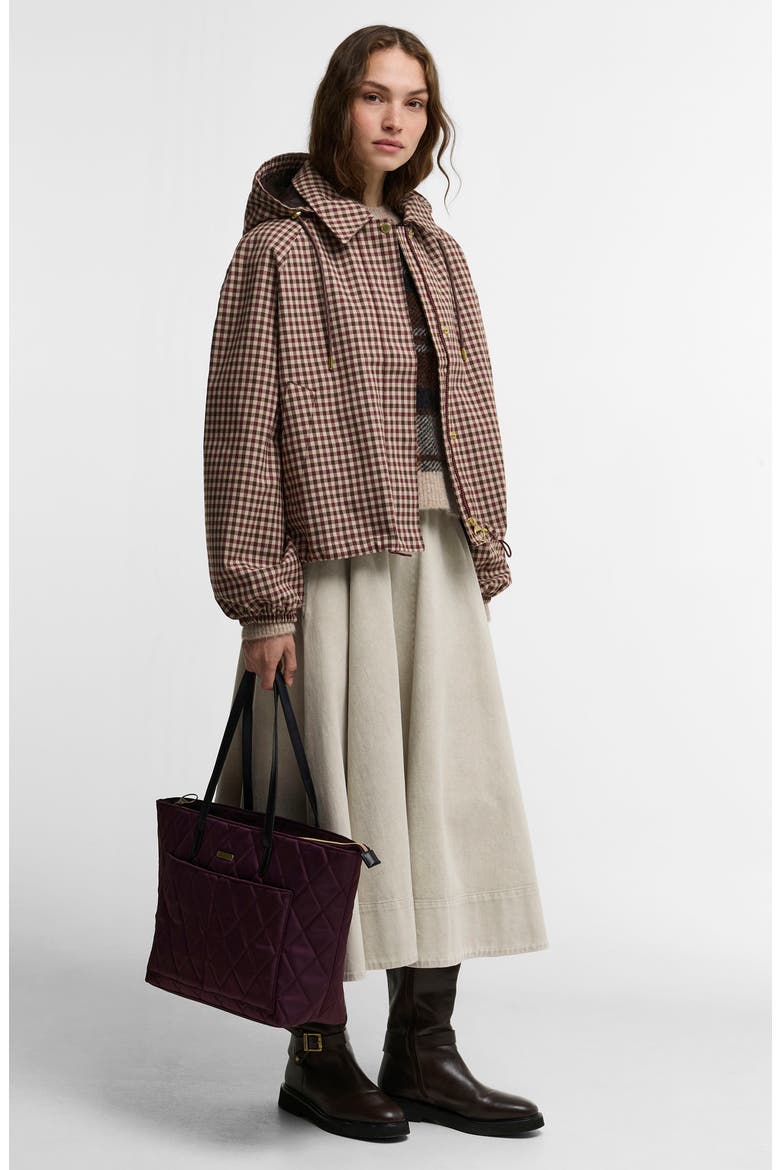 Audrey Check Showerproof Hooded Bomber Jacket, Alternate, color, CRANBERRY/ BROWN GINGHAM