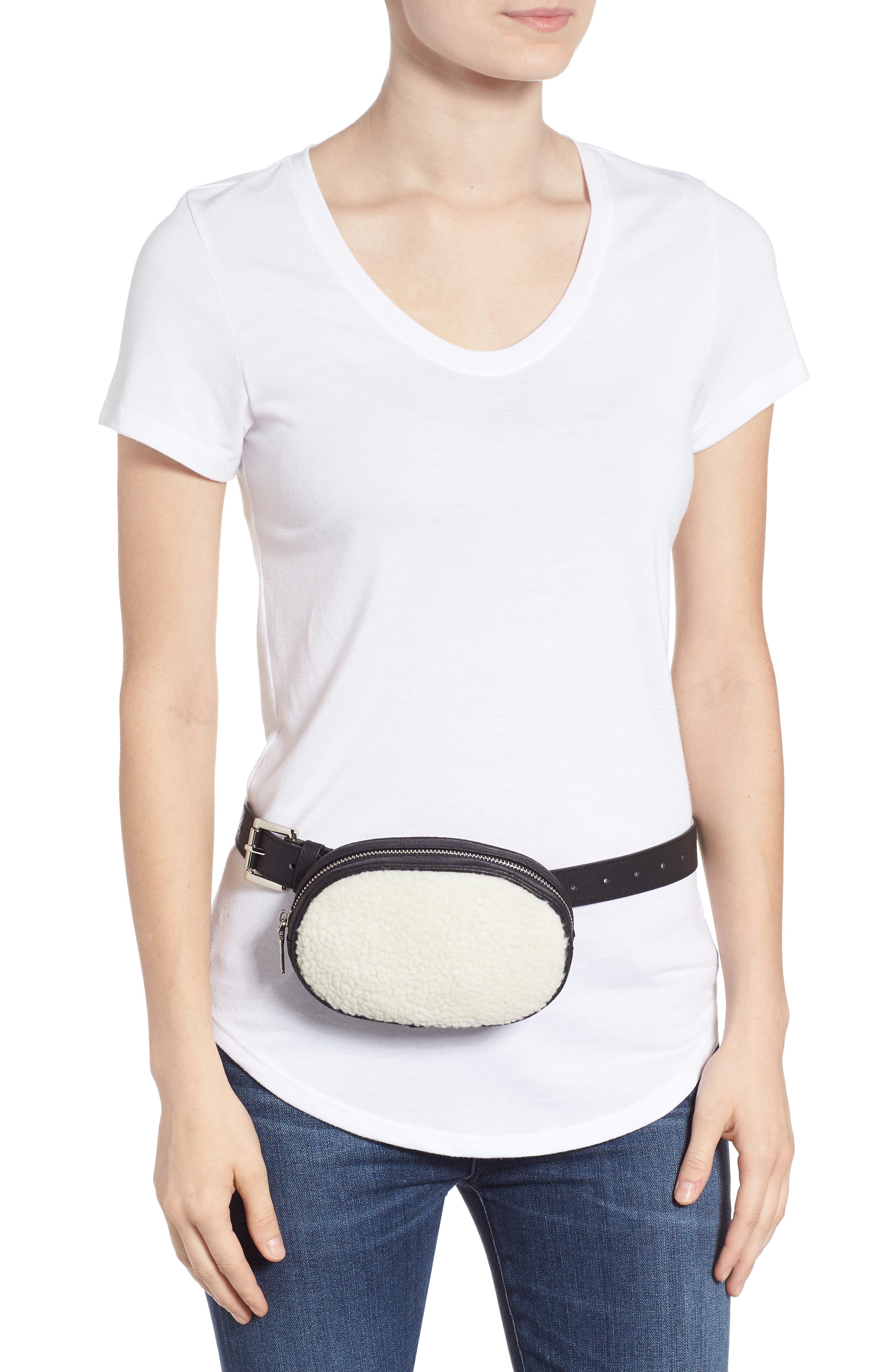 Faux Shearling Belt Bag, Alternate, color, BLACK/ NATURAL