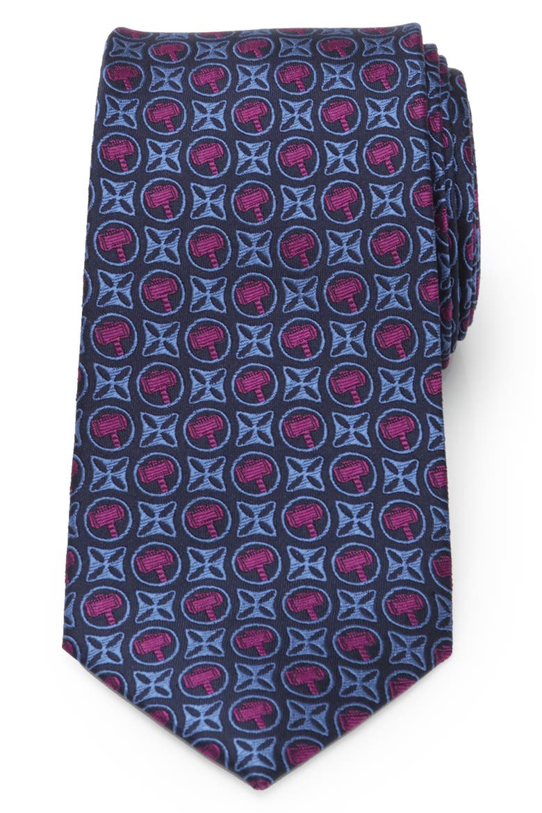x Marvel Thor Hammer Neat Silk Tie, Main, color, BLUE