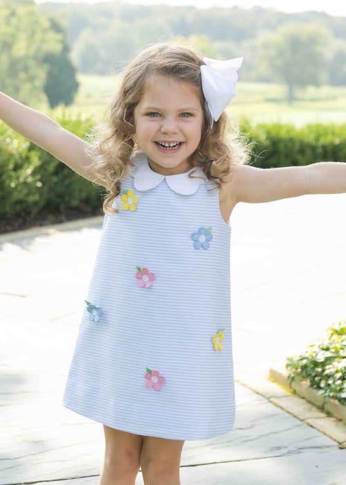 Shop Florence Eiseman Stripe Birdseye Pique Dress With Petal Collar And Flowers In Light Blue/white