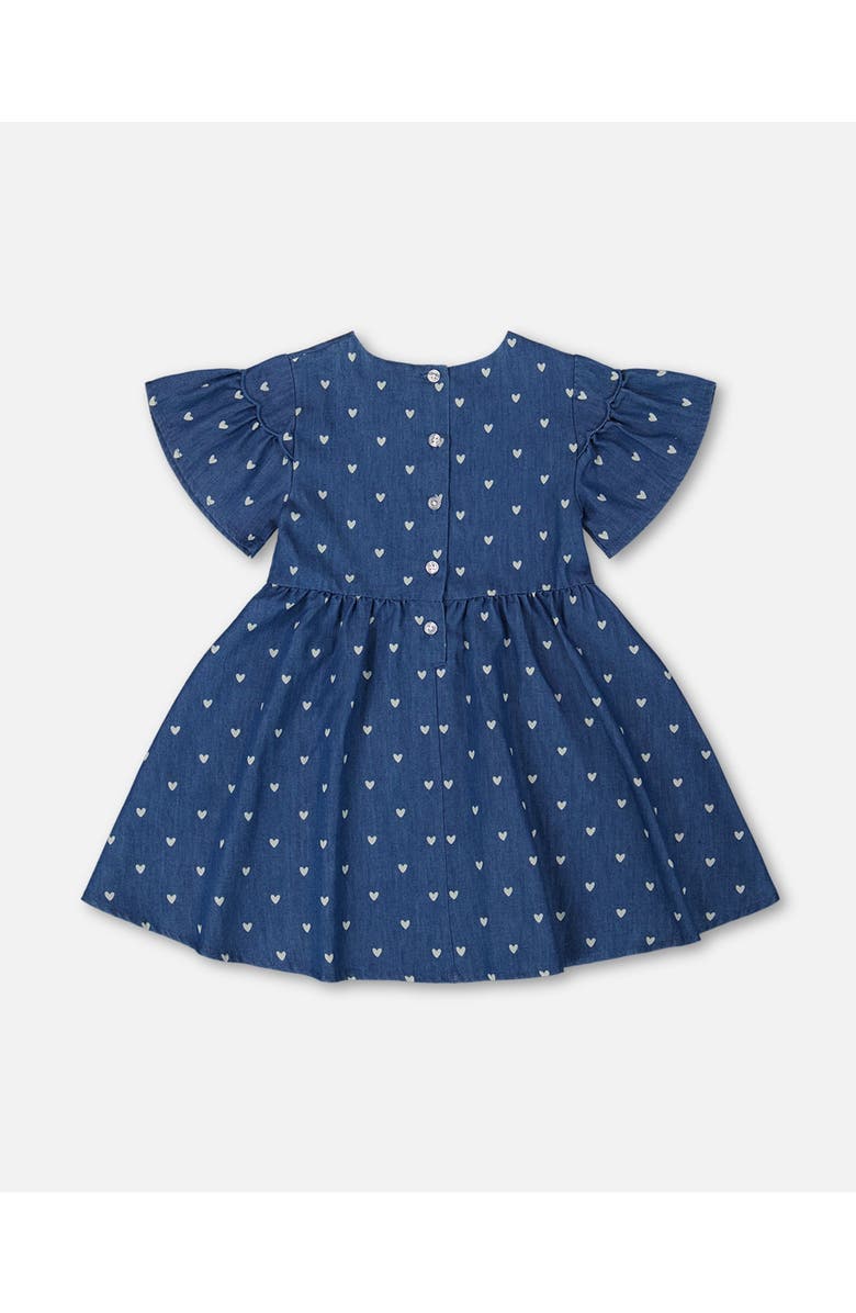 Deux par Deux Girl's Printed Chambray Dress Navy Blue And White Hearts, Alternate, color, 