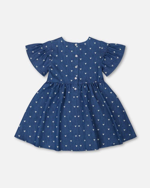 Deux Par Deux Girl's Printed Chambray Dress Blue And White Cherries In Navy Blue And White Hearts