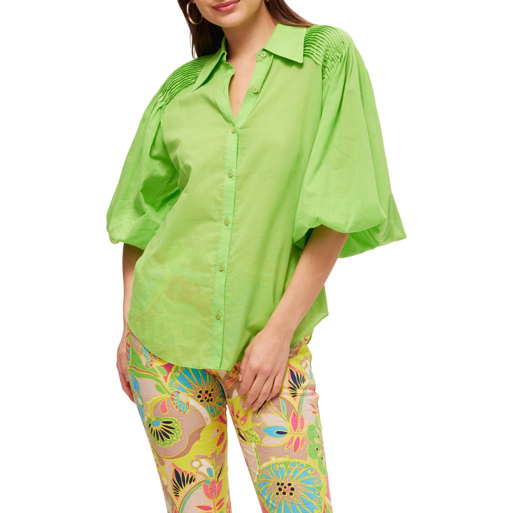 Shop Trina Turk Puff Sleeve Button Up Court Top In Serene Green