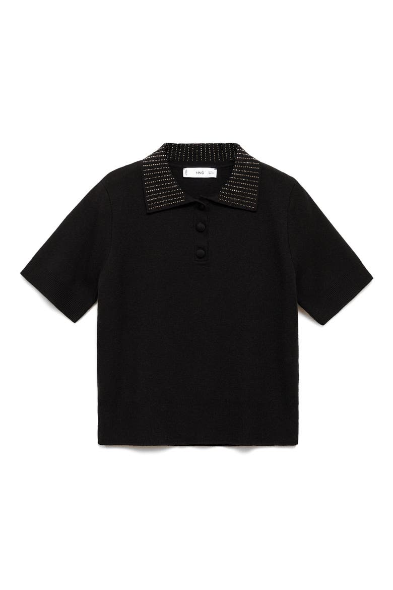 Rhinestone Collar Knit Polo Shirt, Alternate, color, BLACK