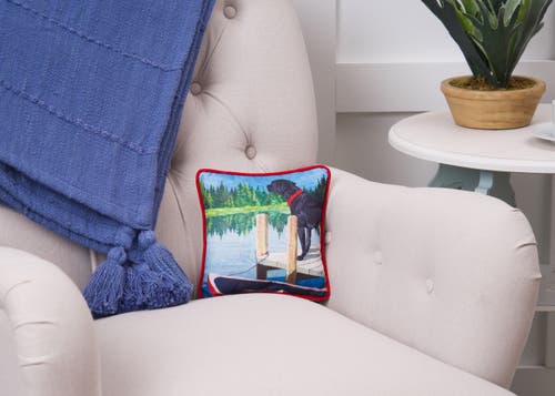 C & F Home C&f Home Dog On Lake Pier With Boat Raft Printed Accent Pillow, 8" X 8" In Blue