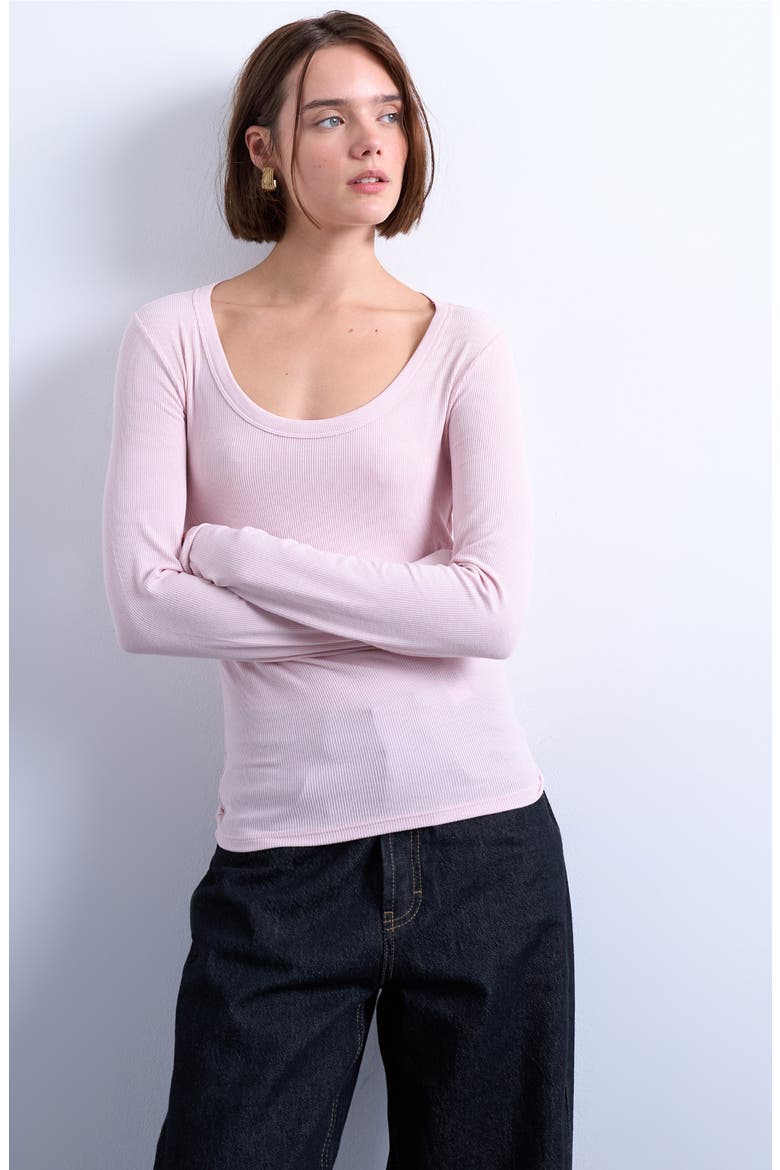 Scoop Neck Long Sleeve Rib Top, Main, color, LIGHT PINK
